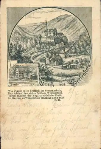 Vorläufer Litho Weesenstein im Müglitztal Sachsen, Schloss Weesenstein, Bahnhof, 1893