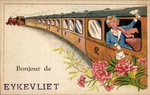 Ak Eikevliet Bornem Flandern Antwerpen, Frau winkt aus einem Eisenbahnfenster