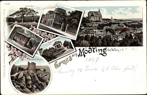 Litho Mödling in Niederösterreich, Blick auf den Ort, Kursalon, Tempel, schwarzer Turm