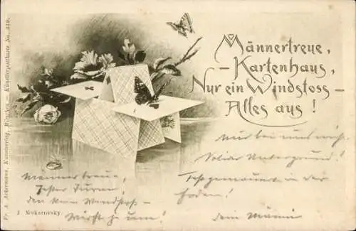 Litho Männertreue, Kartenhaus, nur ein Windstoß, alles aus, Schmetterlinge