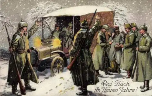 Ak Glückwunsch Neujahr, Soldaten empfangen Post, LKW