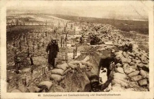 Ak Schützengraben mit Sandsackdeckung und Stacheldrahtverhauen