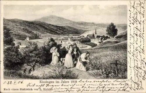 Künstler Ak Richter, L., Bad Kissingen Unterfranken,Blick auf Ort und Spaziergänger, Stahlstich 1839