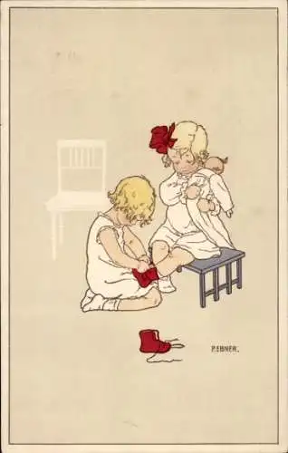 Künstler Ak Ebner, Pauli, Mädchen mit Puppe, rote Schuhe