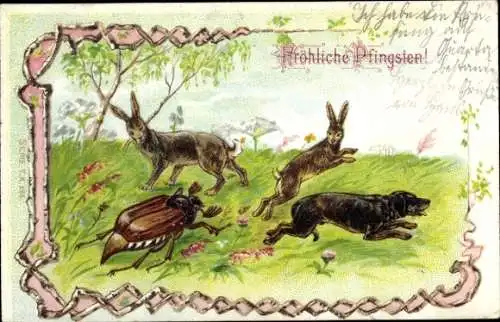 Litho Glückwunsch Pfingsten, Maikäfer jagt Hund und Hasen