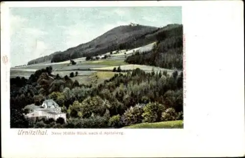 Ak Schlesien, Urnitztal, Neue Mühle, Blick zum Spitzberg