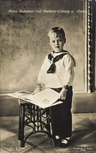 Ak Prinz Hubertus von Sachsen Coburg Gotha, Kinderportrait, Matrosenanzug