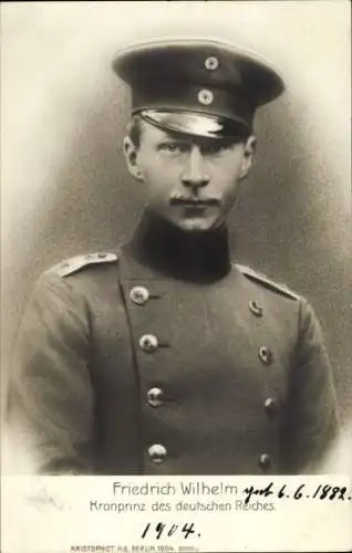 Ak Kronprinz Wilhelm von Preußen, Portrait, Uniform, Schirmmütze