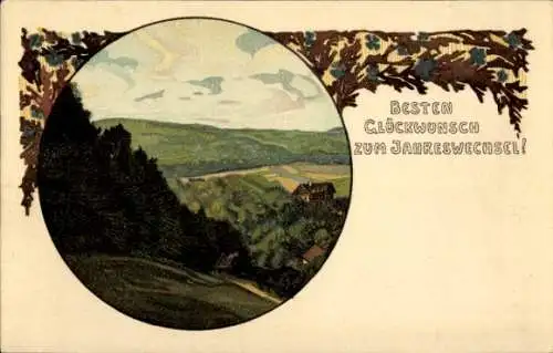 Jugendstil Ak Glückwunsch Neujahr, Landschaft, Reklame, Hoffmann's Stärkefabriken Salzuflen