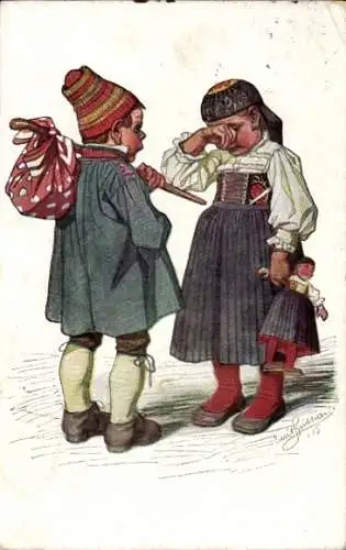 Künstler Ak Beithan, E., Mädchen mit Puppe, Junge, Sack, hessische Trachten