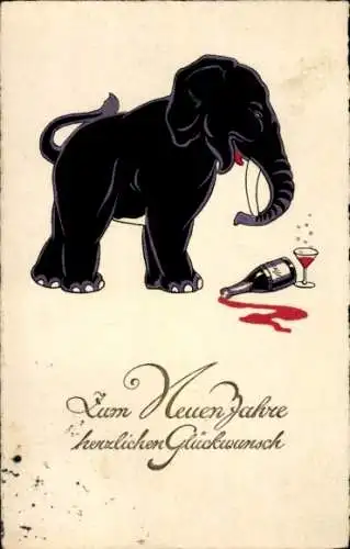 Ak Glückwunsch Neujahr, Elefant, Sektflasche