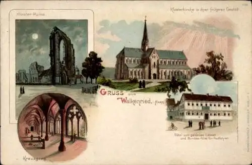 Litho Walkenried im Harz, Klosterkirche, Hotel zum goldenen Löwen, Klosterruine, Kreuzgang