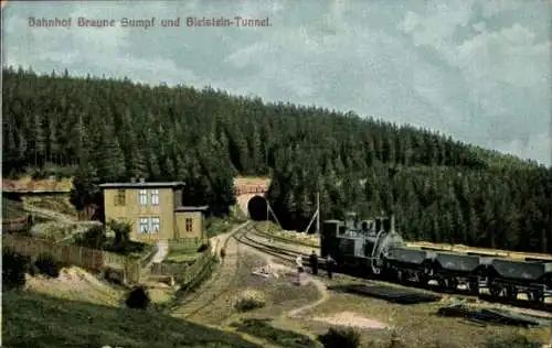 Ak Blankenburg am Harz, Bahnhof Braune Sumpf und Bielsteintunnel, Harz-Zahnradbahn