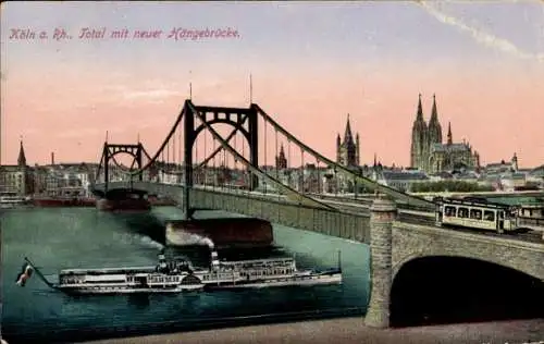 Ak Köln am Rhein, Totalansicht, neue Hängebrücke, Dampfer