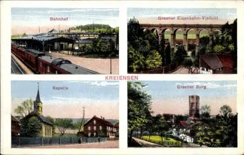 Ak Kreiensen Einbeck, Greener Burg, Kapelle, Bahnhof, Eisenbahn-Viadukt