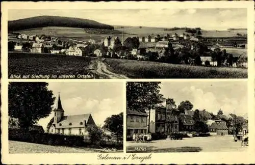 Ak Gelenau im Erzgebirge, Kirche, unterer Ortsteil, Markt, Panorama