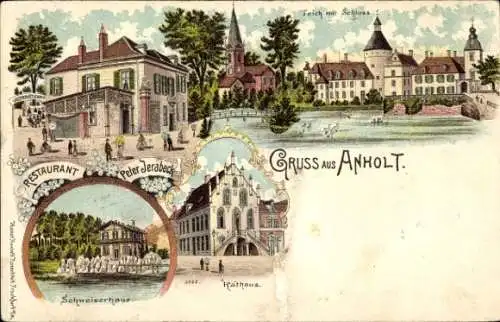 Litho Anholt Isselburg in Westfalen, Restaurant, Schweizerhaus, Schloss, Rathaus