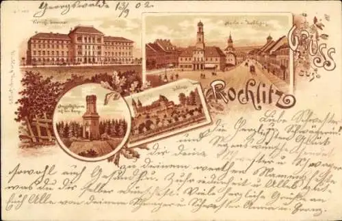 Litho Rochlitz an der Mulde Sachsen, Markt, Rathaus, Schloss, Turm, Seminar