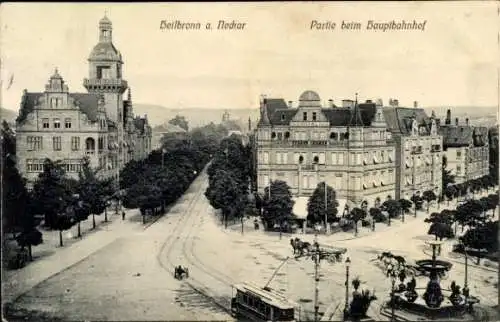 Ak Heilbronn am Neckar, beim Hauptbahnhof, Straßenbahn