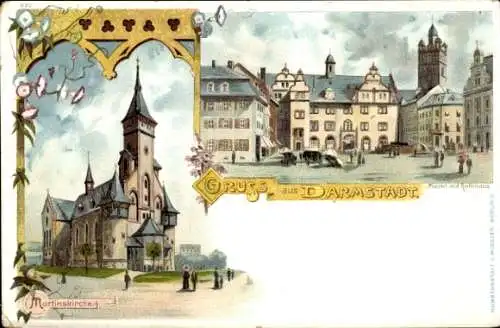 Litho Darmstadt in Hessen, Martinskirche, Markt mit Rathaus