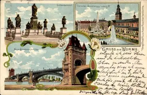 Litho Worms, Lutherdenkmal, Neue Straßenbrücke, Großherzog Ludwig IV Denkmal