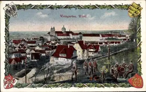 Ak Weingarten in Württemberg, Gesamtansicht, Soldaten, Wappen