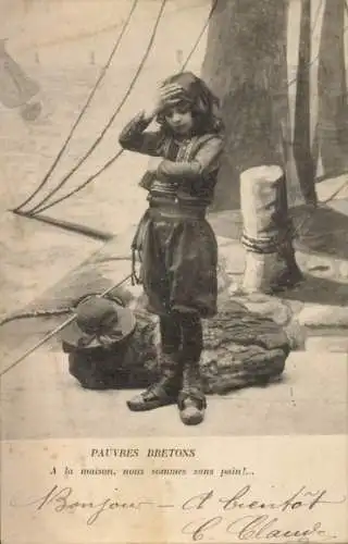 Ak Kind in bretonischer Volkstracht, Hafen, Schiff