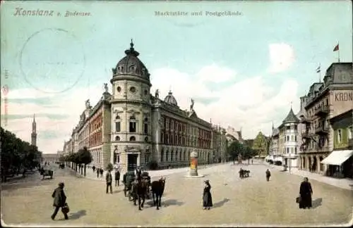 Ak Konstanz am Bodensee, Marktstätte und Postgebäude