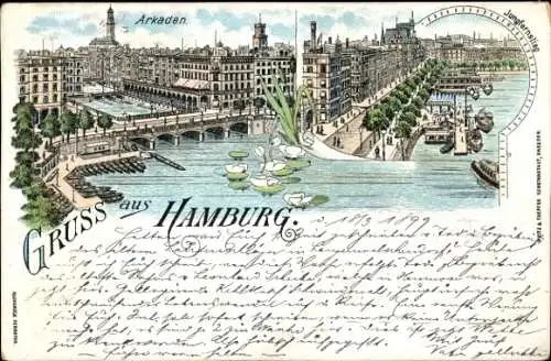 Litho Hamburg Mitte Neustadt, Jungfernstieg, Arkaden, Brücke