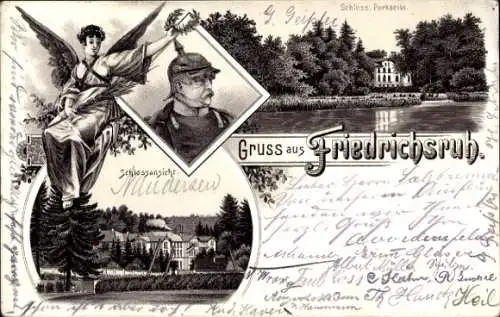 Litho Friedrichsruh Aumühle in Lauenburg, Schloss, Otto von Bismarck, Portrait, Engel