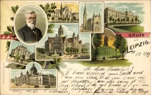 Litho Leipzig in Sachsen, Oberbürgermeister Georgi, Kirche, Gericht, Rathaus