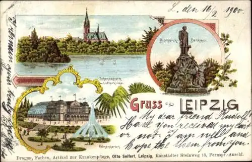 Litho Leipzig in Sachsen, Bismarck-Denkmal, Palmengarten, Johannapark, Lutherkirche