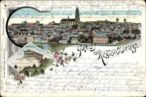 Litho Regensburg an der Donau Oberpfalz, Gesamtansicht, Walhalla