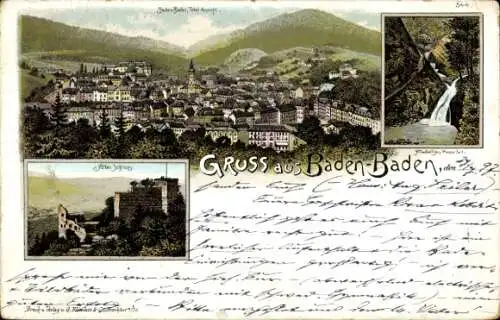 Litho Baden Baden am Schwarzwald, Gesamtansicht, altes Schloss, Wasserfall