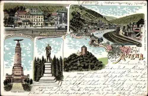 Litho Altena im Märkischen Kreis, Bahnhof, Kriegerdenkmal, Schloss, Bismarckdenkmal