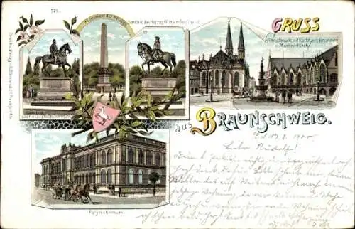 Litho Braunschweig, Altstadtmarkt, Monument der Herzöge, Rathaus, Martinikirche, Polytechnikum