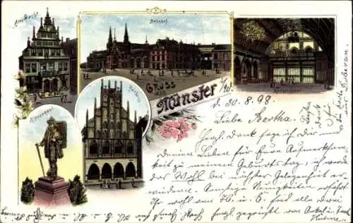 Litho Münster in Westfalen, Bahnhof, alte Wache, Rathaussaal, Rathaus