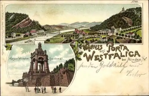 Litho Porta Westfalica an der Weser, Denkmal Kaiser Wilhelm I., Panorama