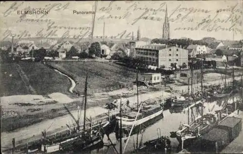 Ak Elmshorn in Holstein, Panorama, Hafen, Boote, Kirchturm