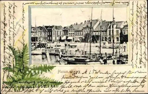 Passepartout Ak Husum in Nordfriesland, Teilansicht, Boote, Hafen