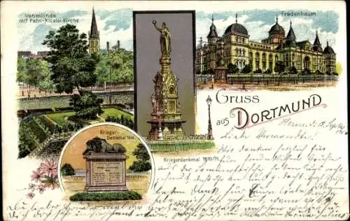 Litho Dortmund im Ruhrgebiet, Fredenbaum, Kriegerdenkmal 1870/71, Vehmlinde, Petri Nicolai Kirche