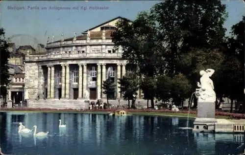 Ak Stuttgart in Württemberg, Anlagensee, Königliches Hoftheater, Statue