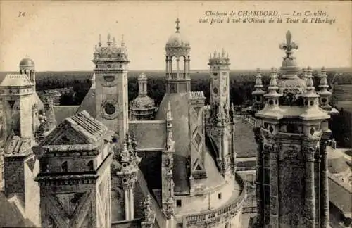 Ak Chambord Loir et Cher, Schloss, Les Camble, vue prise a vol d'Oiseau de la Tour de l'Horloge