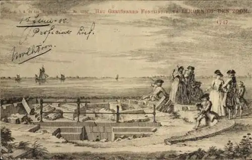 Künstler Ak Bergen op Zoom Nordbrabant Niederlande, der zerstörte Brunnen, 1747