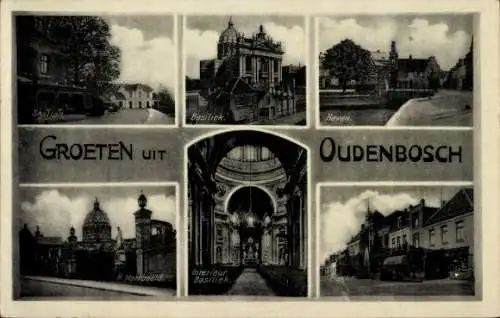 Ak Oudenbosch Nordbrabant, Basilika, Hafen, Markt, Bahnhof, Denkmal