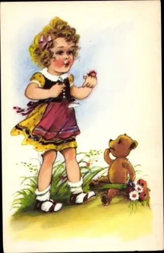 Ak Mädchen mit Marienkäfer, Teddy, Wiese, Blumen