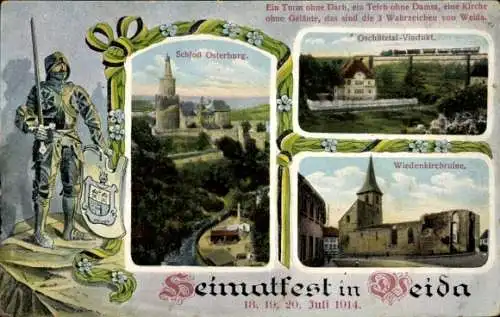 Ak Weida in Thüringen, Heimatfest 1914, Wiedenkirchruine, Schloss Osterburg, Viadukt