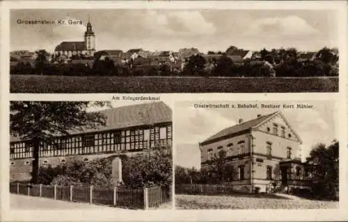 Ak Großenstein in Thüringen, Gesamtansicht, Kriegerdenkmal, Gastwirtschaft zum Bahnhof