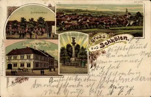 Litho Schkölen Thüringen, Schützenhaus, Gasthof zum Ratskeller, Kriegerdenkmal