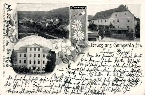 Ak Gumperda in Thüringen, Blick vom Blumenhügel, Schloss, Gasthaus